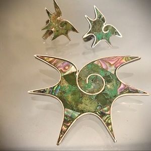 Mid-Century Mexican Abalone Earrings and Brooch